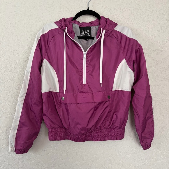Say What? Tops - Say What Women's SZ Medium Fuchia Pink White Pullover Pocket Hooded Windbreaker